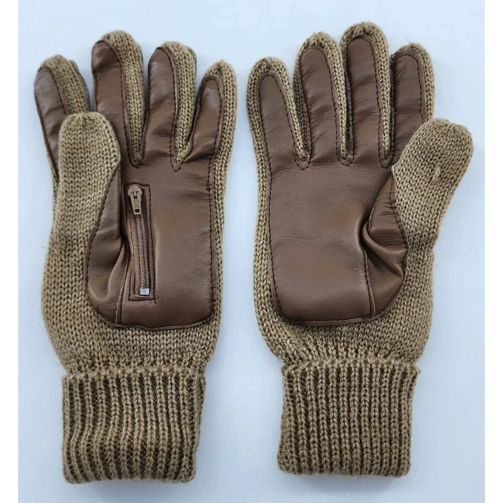 Vtg Womens Beige Acrylic Knit Gloves Vinyl Accents WPL 12931 Made in Taiwan OSFA
